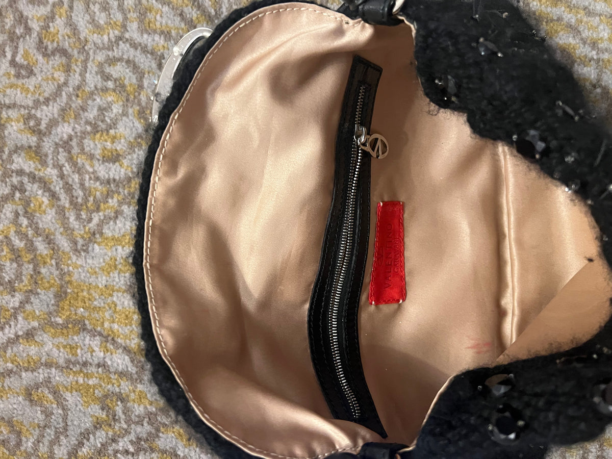 Valentino Vintage Black Crochet Sequin Embellished Shoulder Bag