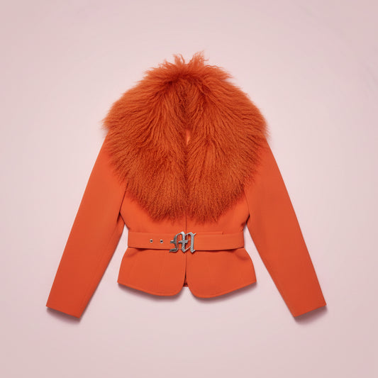 Mugler Burnt Orange Mongolian Lamb Fur Corset Jacket