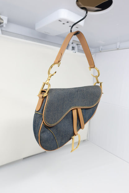 Dior Saddle Denim Shoulder Bag with Gold Hardware