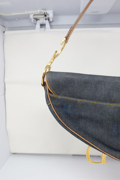 Dior Saddle Denim Shoulder Bag with Gold Hardware