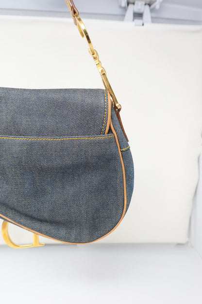 Dior Saddle Denim Shoulder Bag with Gold Hardware