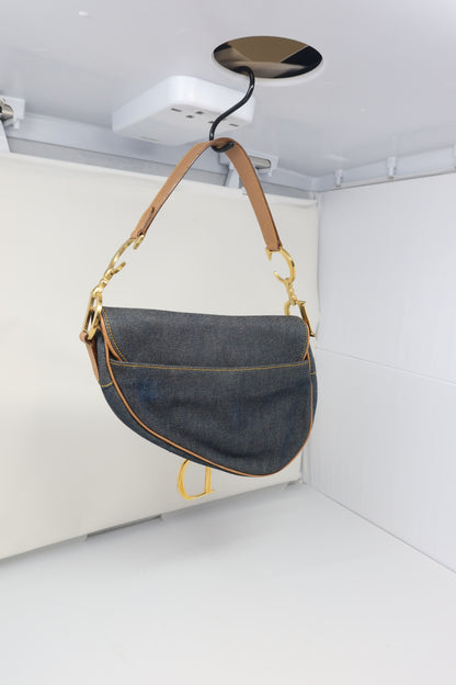 Dior Saddle Denim Shoulder Bag with Gold Hardware