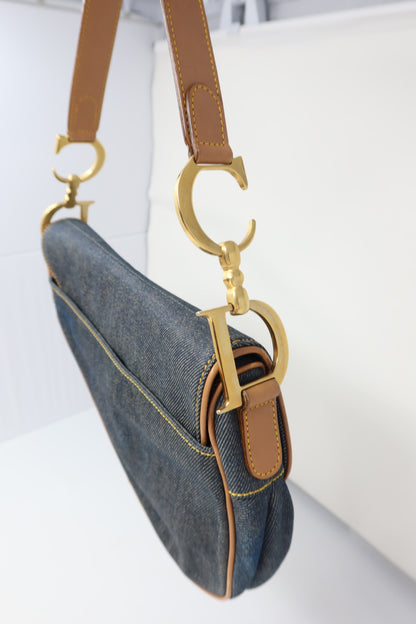 Dior Saddle Denim Shoulder Bag with Gold Hardware