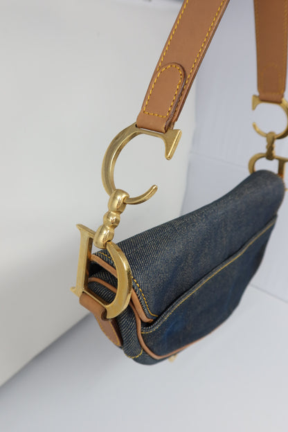 Dior Saddle Denim Shoulder Bag with Gold Hardware