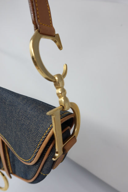 Dior Saddle Denim Shoulder Bag with Gold Hardware