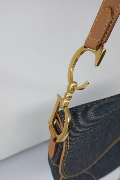 Dior Saddle Denim Shoulder Bag with Gold Hardware