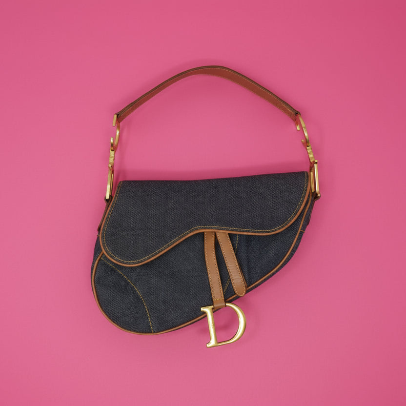 Dior Saddle Denim Shoulder Bag with Gold Hardware