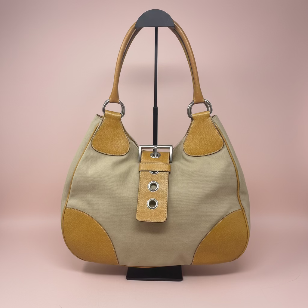 Prada Canapa Orange Cinghiale-Trimmed Buckle Moon Hobo Bag