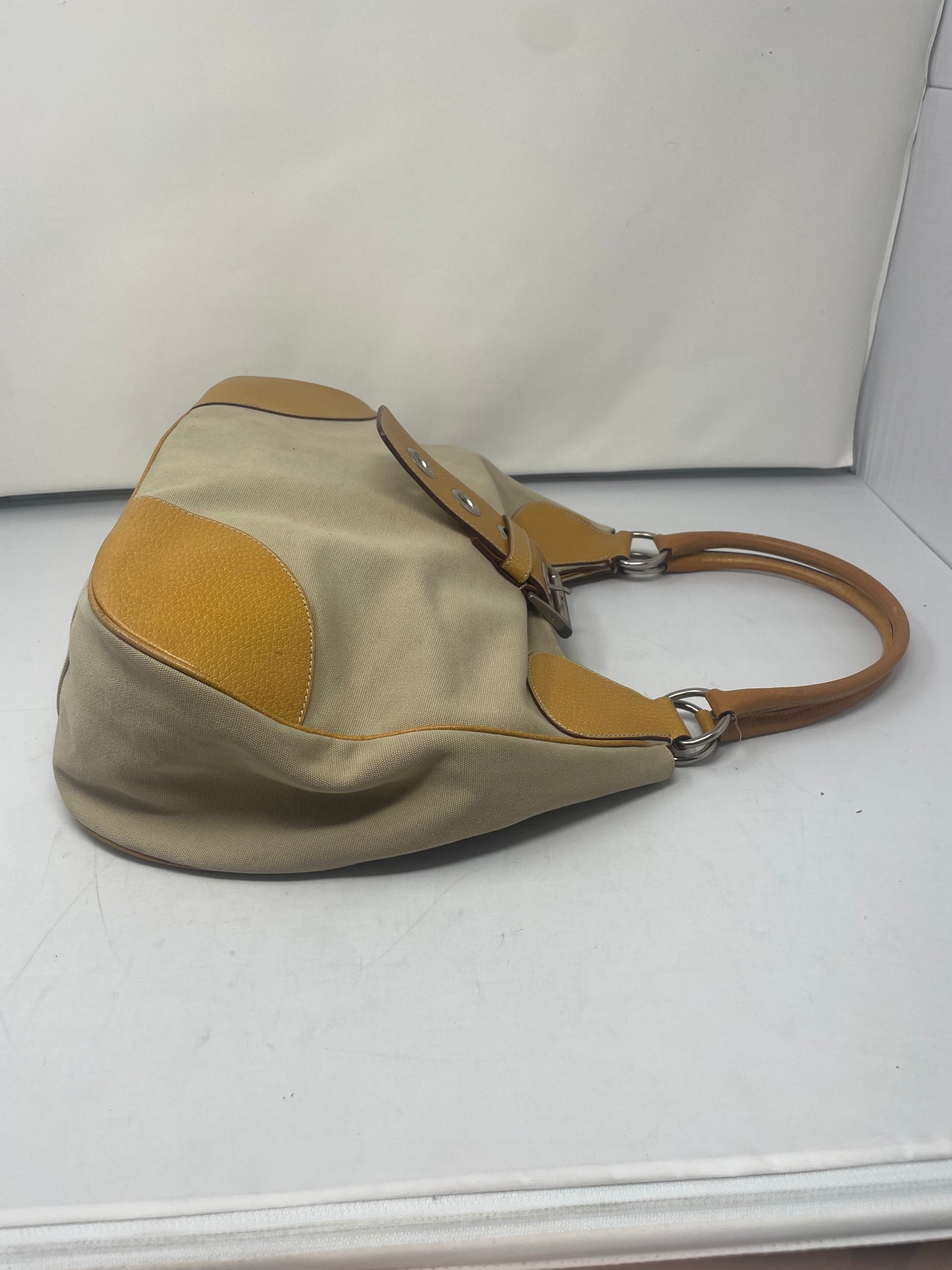 Prada Canapa Orange Cinghiale-Trimmed Buckle Moon Hobo Bag