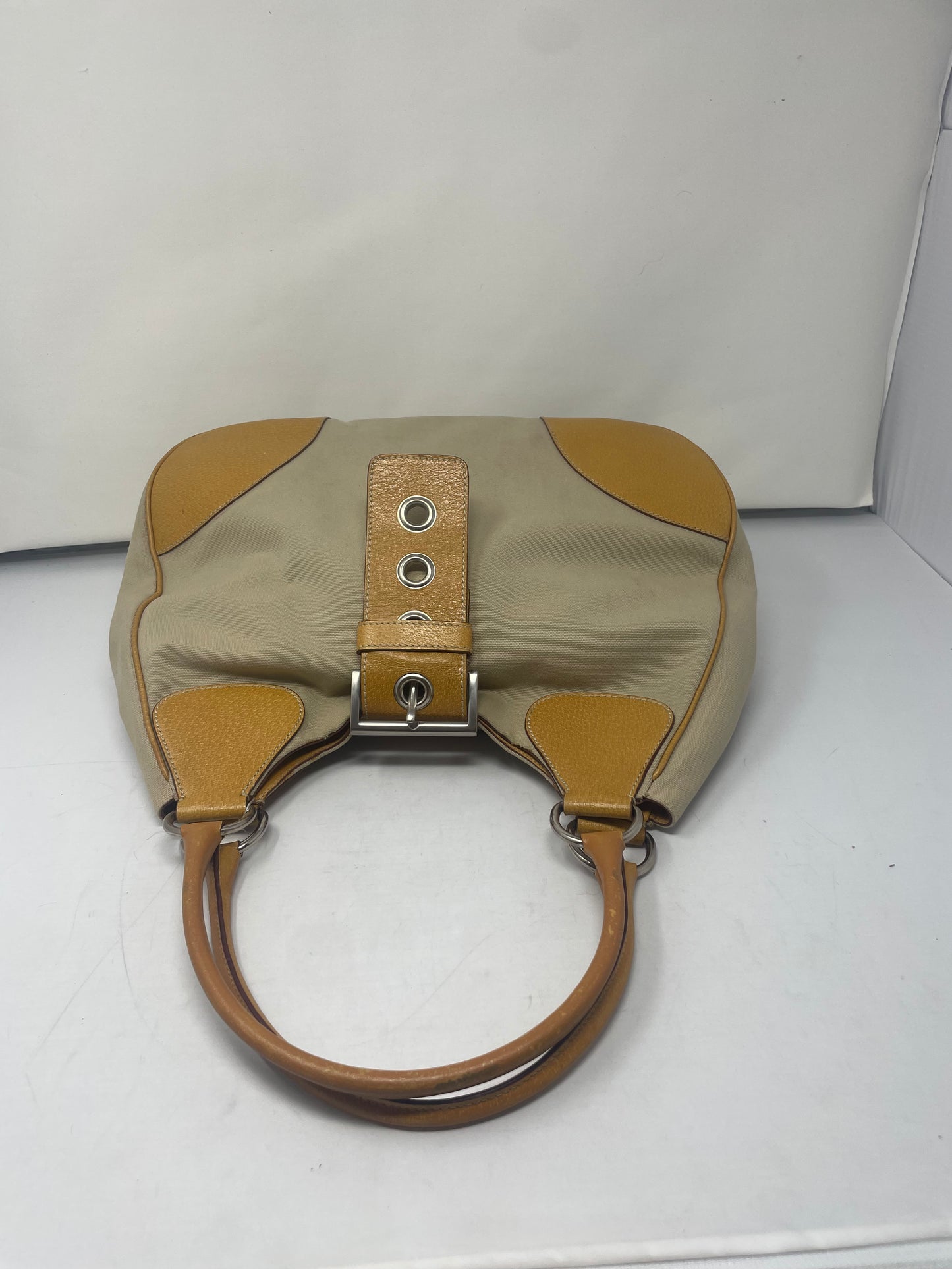 Prada Canapa Orange Cinghiale-Trimmed Buckle Moon Hobo Bag