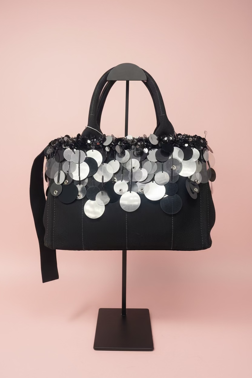 Prada Sequin Fringe Black Canvas Two Way Bag