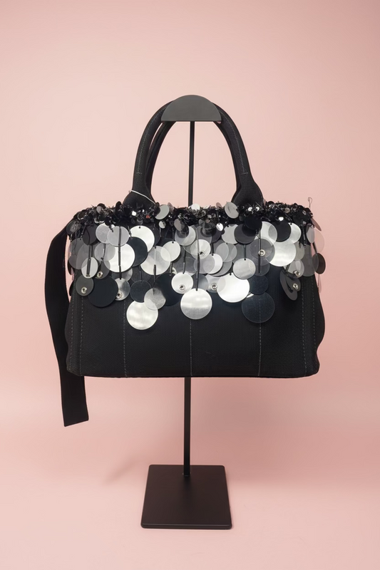 Prada Sequin Fringe Black Canvas Two Way Bag