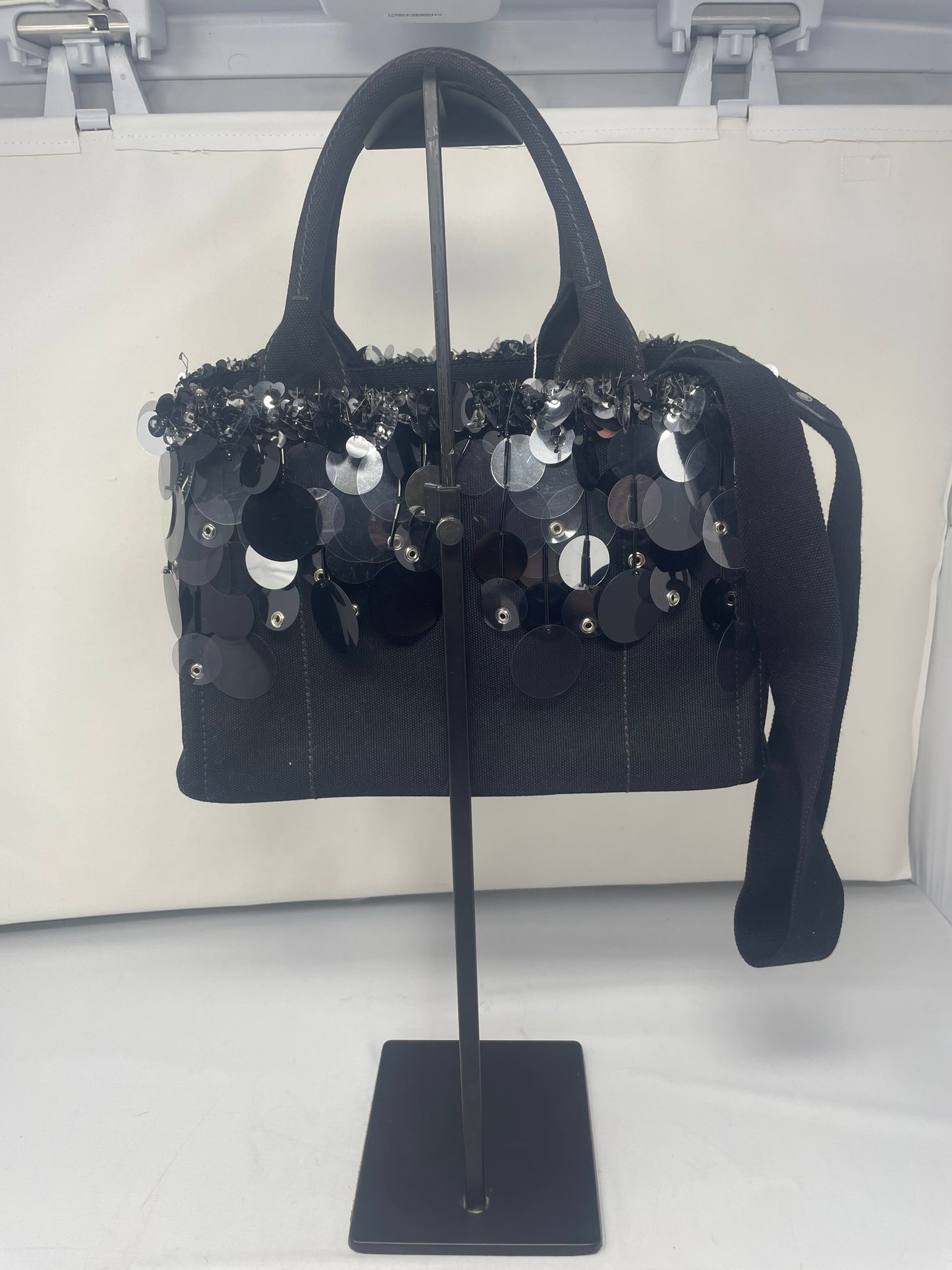 Prada Sequin Fringe Black Canvas Two Way Bag