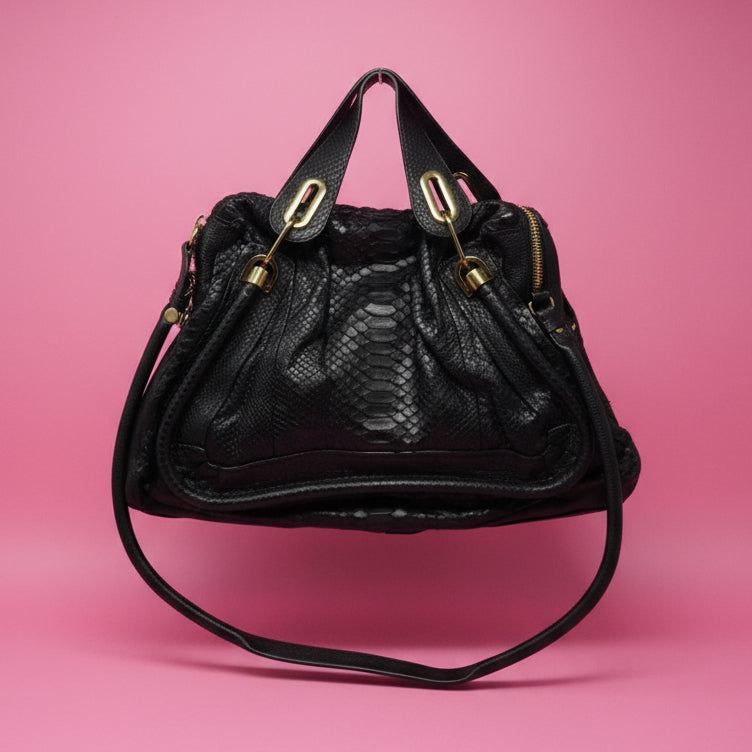 Chloe Large Paraty Black Lizard Leather Shoulder Bag (comes with original duster)