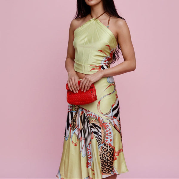 SS2004 Roberto Cavalli Patchwork Scarf Print Silk Halter Top & Bias Skirt Set Size S