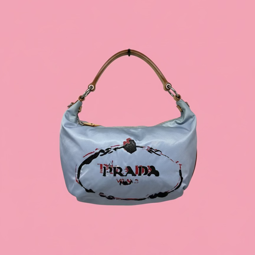 Prada Light Blue Embroidered Tessuto Hobo