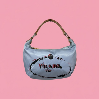 Prada Light Blue Embroidered Tessuto Hobo
