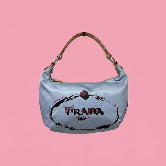Prada Light Blue Embroidered Tessuto Hobo