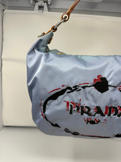 Prada Light Blue Embroidered Tessuto Hobo