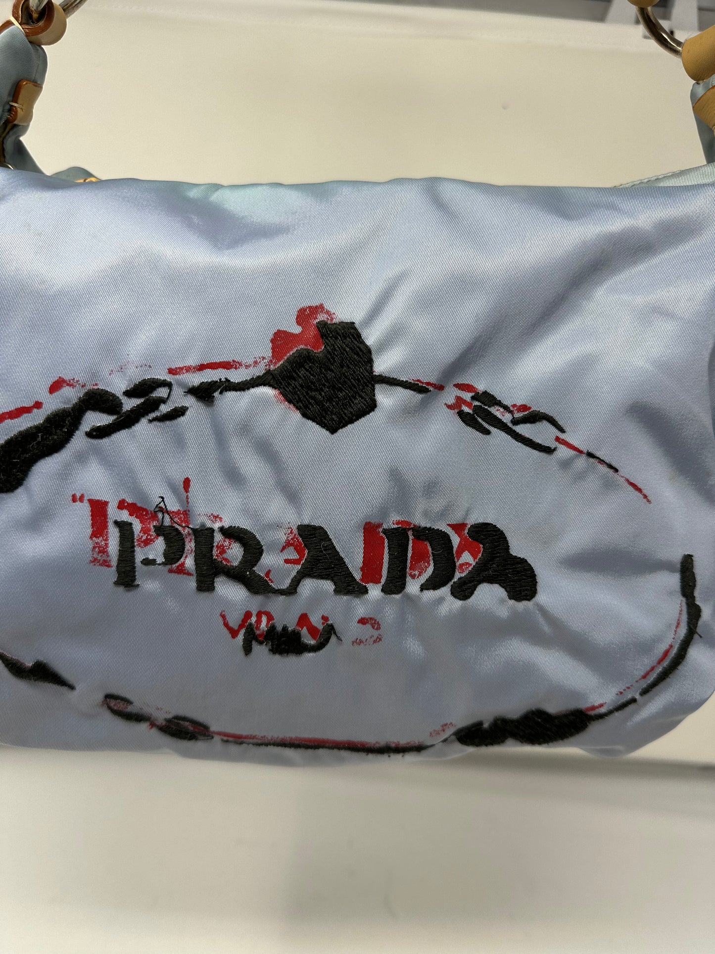 Prada Light Blue Embroidered Tessuto Hobo