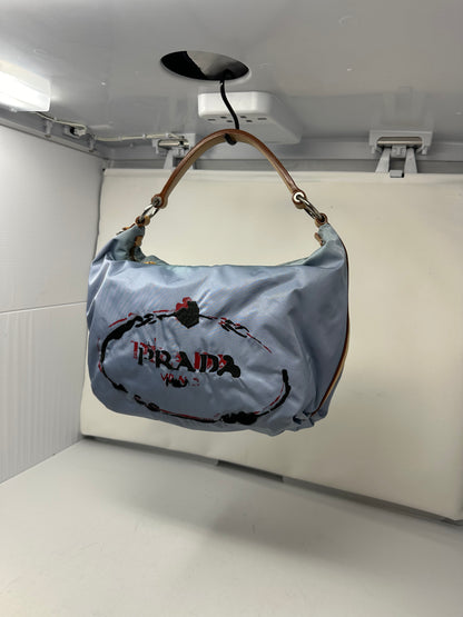 Prada Light Blue Embroidered Tessuto Hobo