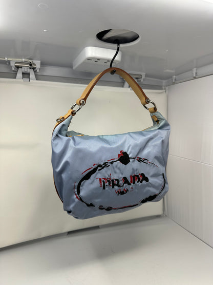 Prada Light Blue Embroidered Tessuto Hobo