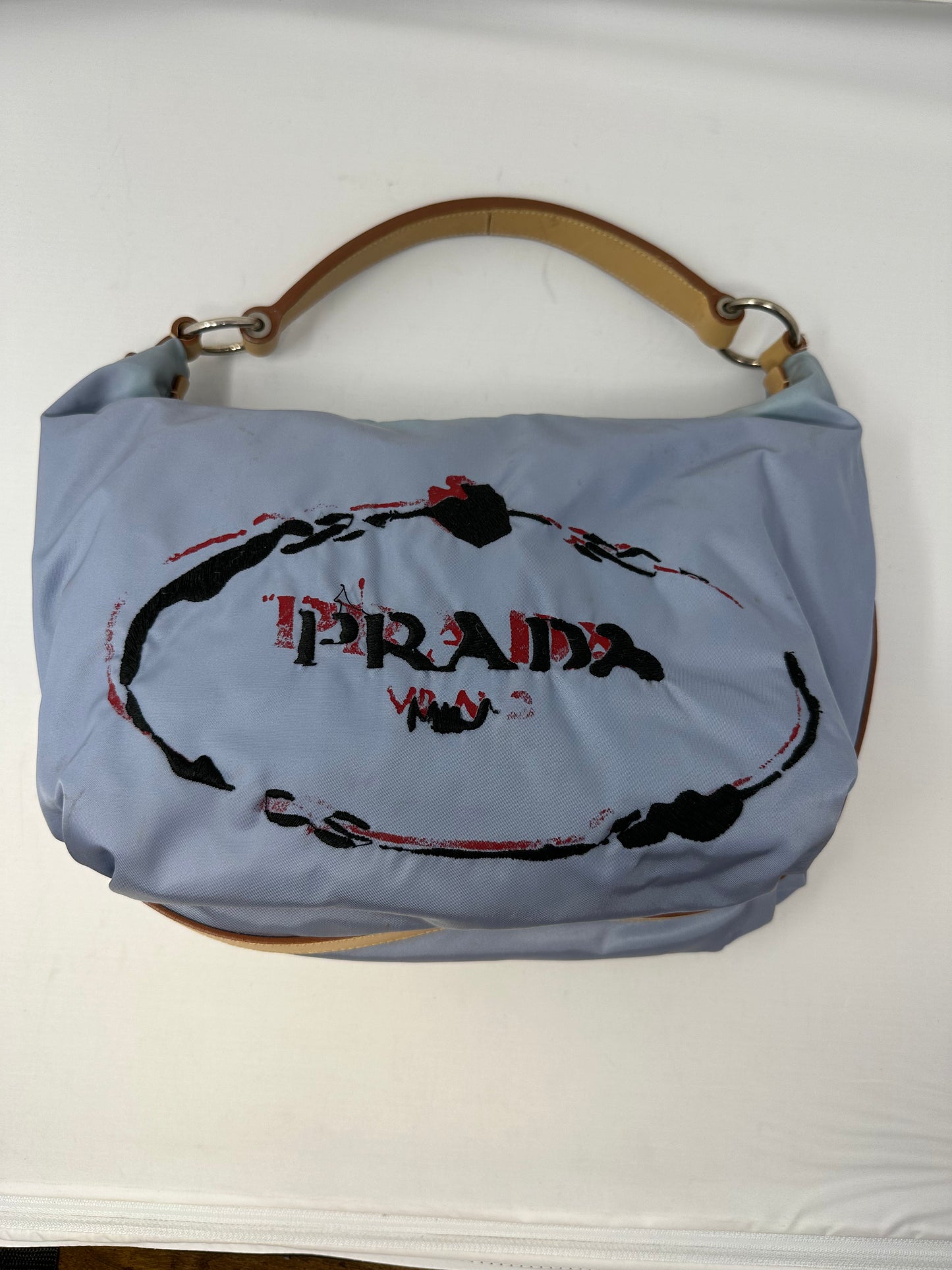 Prada Light Blue Embroidered Tessuto Hobo