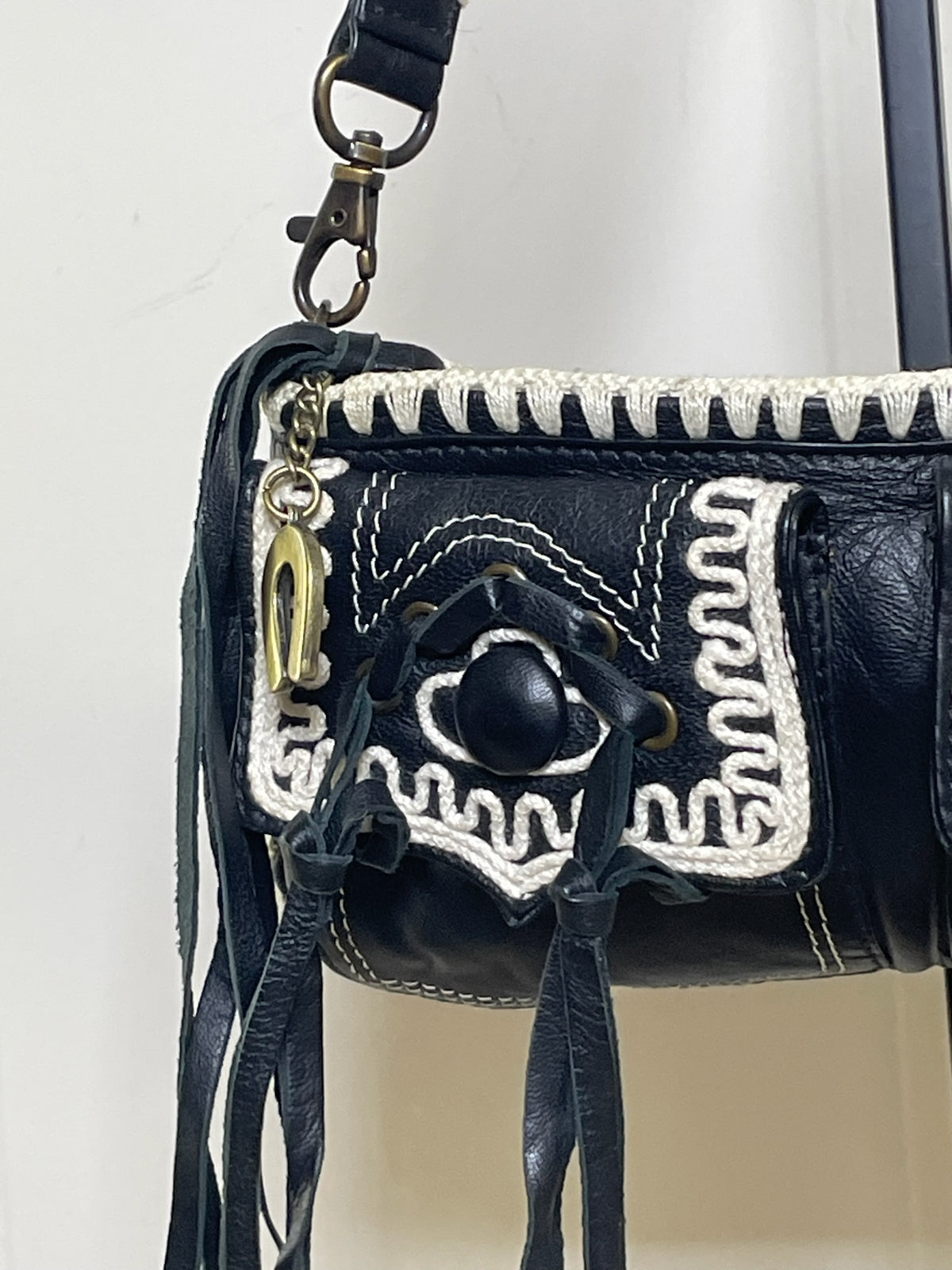 Betsey Johnson Black & White Whipstitch Fringe Mini Shoulder Bag