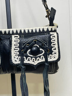 Betsey Johnson Black & White Whipstitch Fringe Mini Shoulder Bag