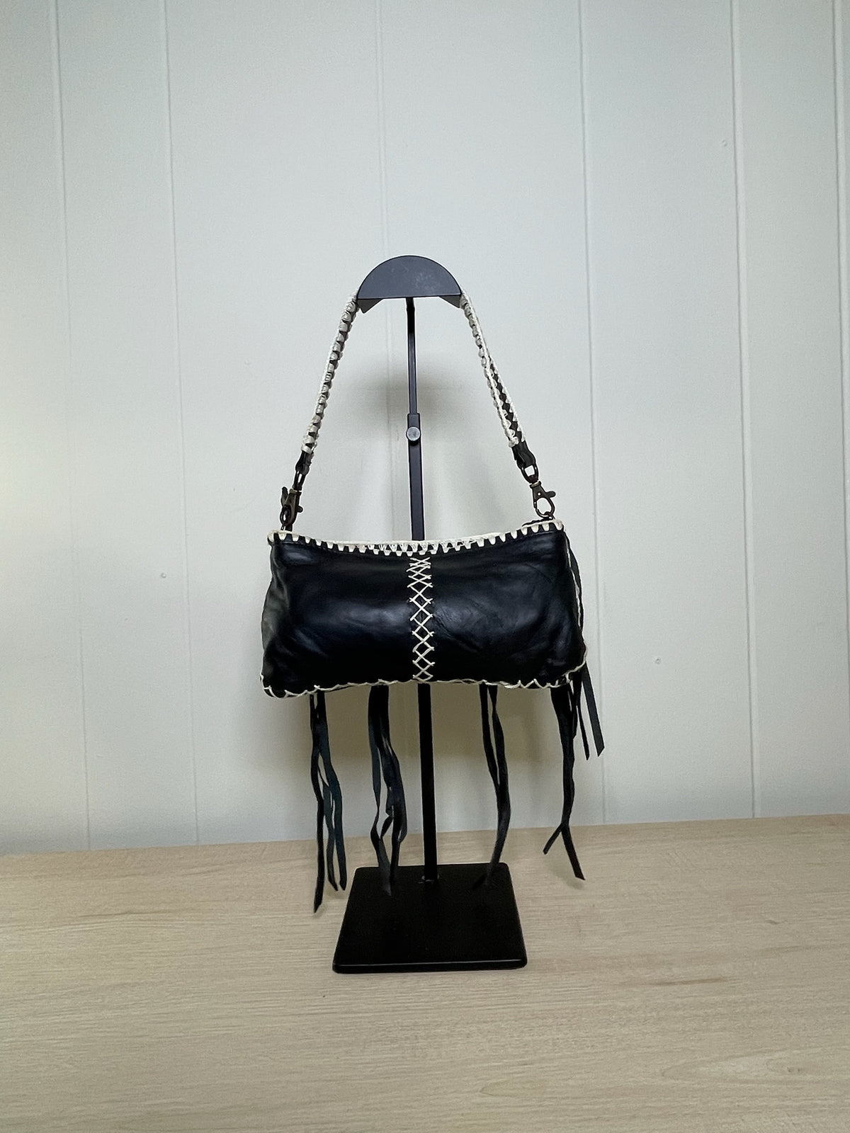 Betsey Johnson Black & White Whipstitch Fringe Mini Shoulder Bag