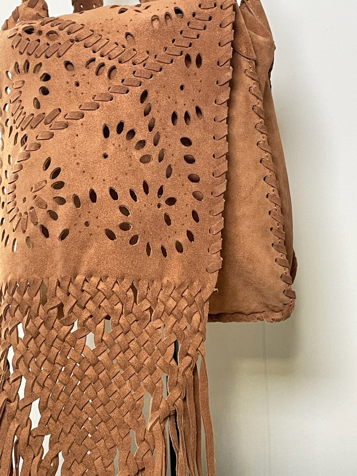 Brown Suede Perforated Fringe Crossbody Bag