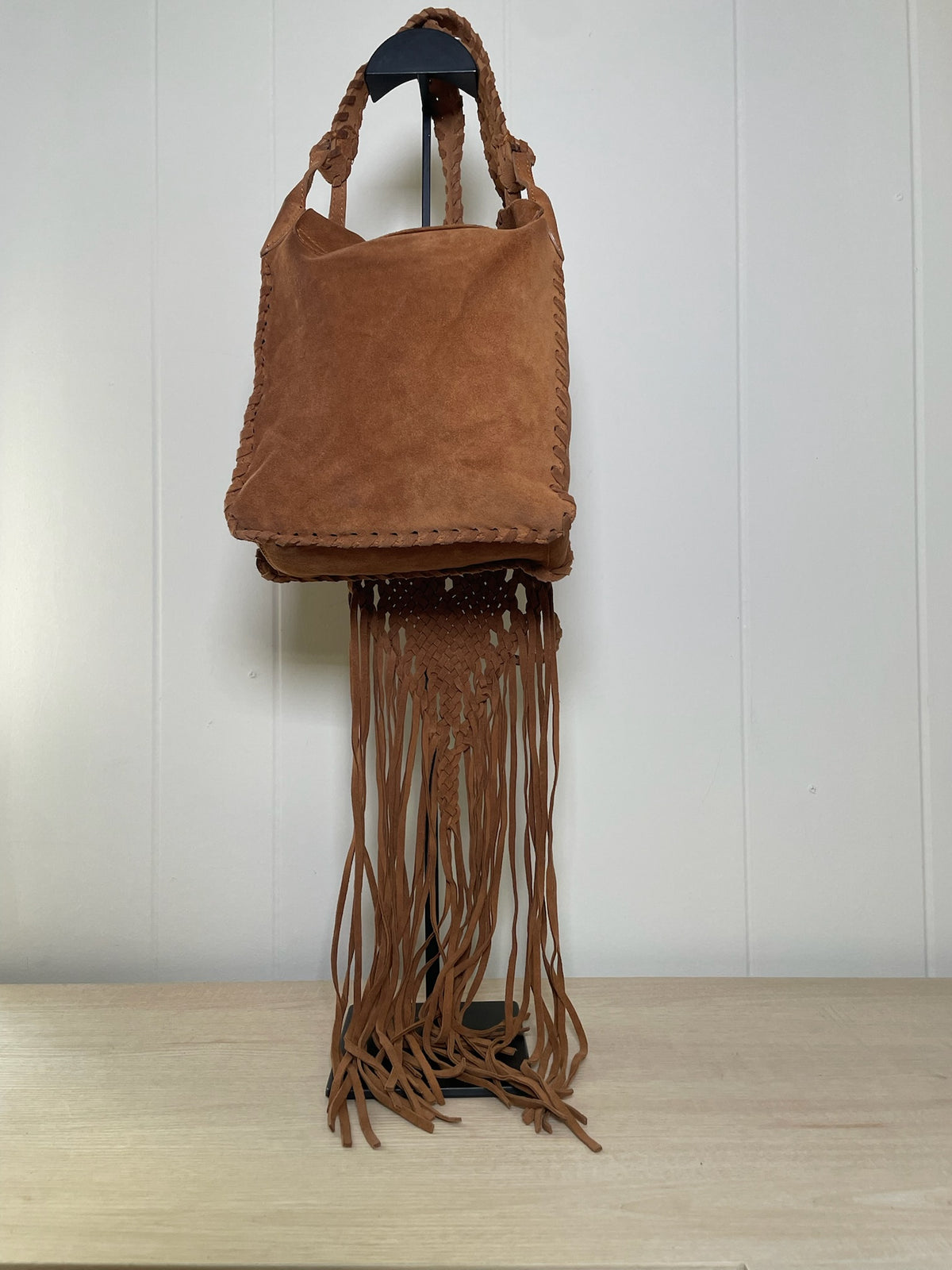 Brown Suede Perforated Fringe Crossbody Bag