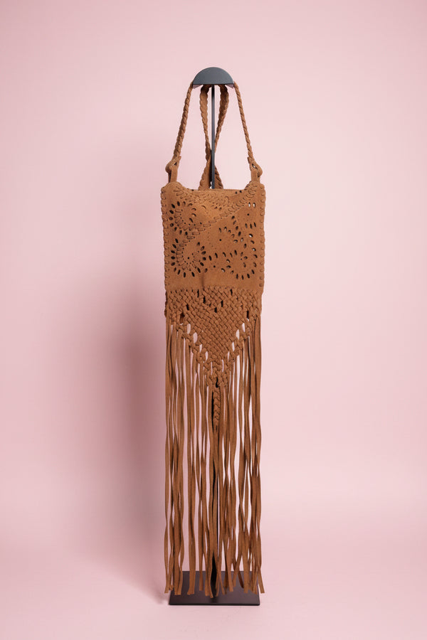 Brown Suede Perforated Fringe Crossbody Bag