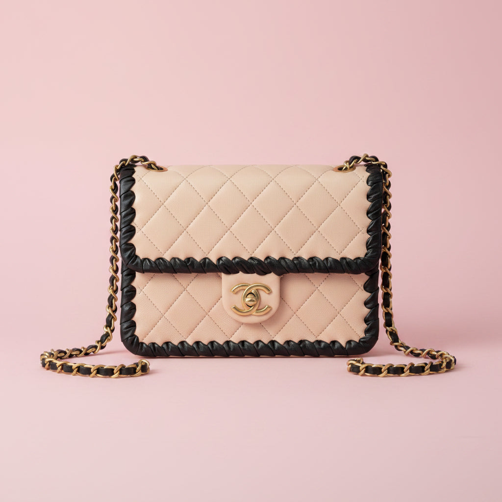Chanel Light Pink Lambskin & Black Whipstitch