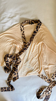 Roberto Cavalli Cream Knit Leopard Silk Wrap Top Mid-2000s - IT 40
