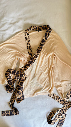 Roberto Cavalli Cream Knit Leopard Silk Wrap Top Mid-2000s - IT 40