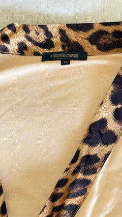 Roberto Cavalli Cream Knit Leopard Silk Wrap Top Mid-2000s - IT 40