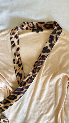 Roberto Cavalli Cream Knit Leopard Silk Wrap Top Mid-2000s - IT 40
