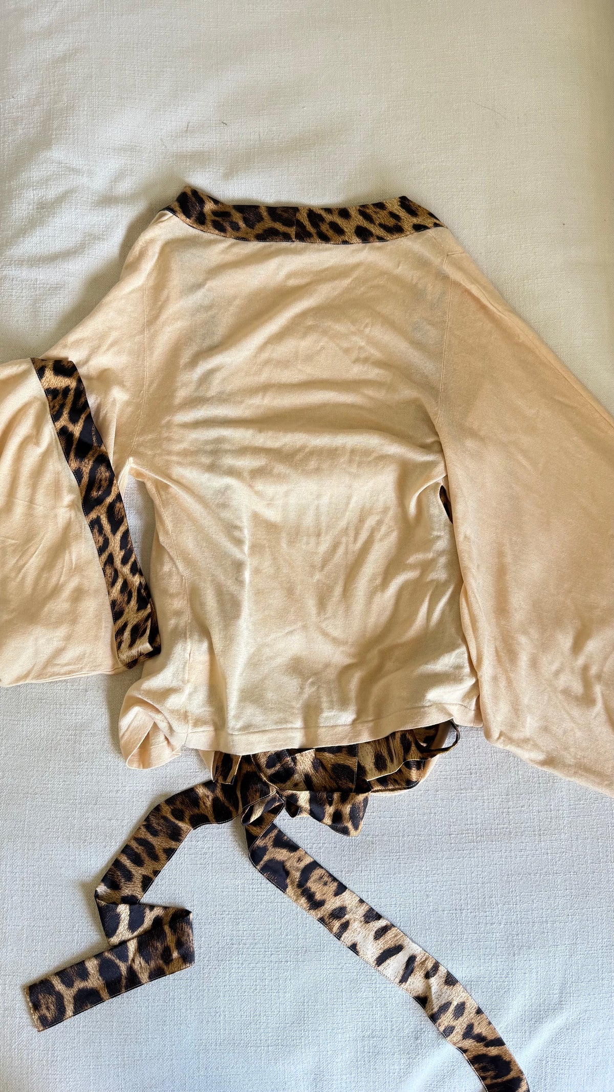 Roberto Cavalli Cream Knit Leopard Silk Wrap Top Mid-2000s - IT 40