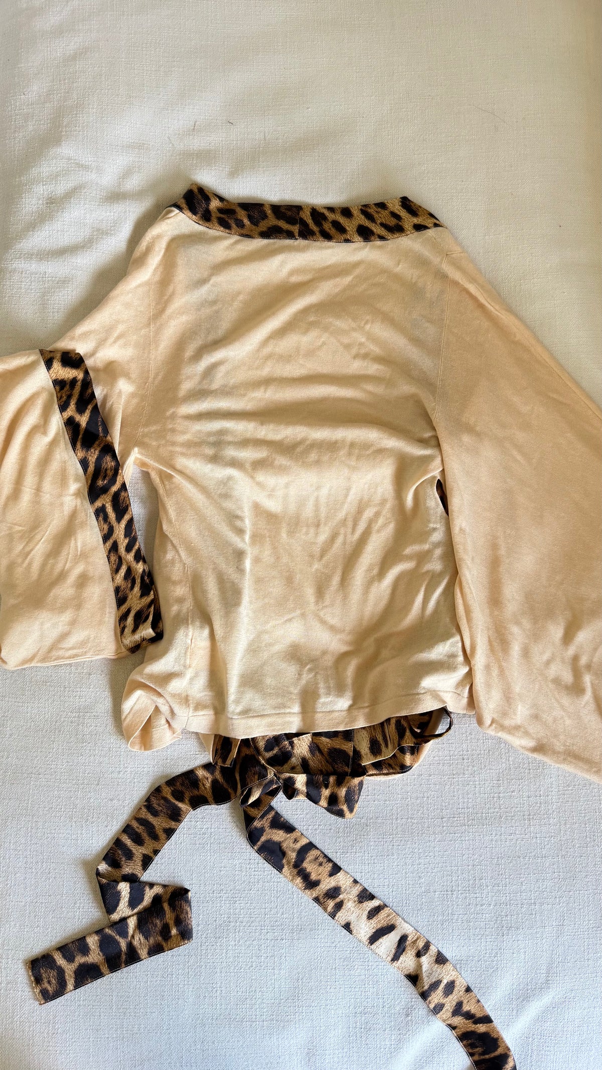 Roberto Cavalli Cream Knit Leopard Silk Wrap Top Mid-2000s - IT 40