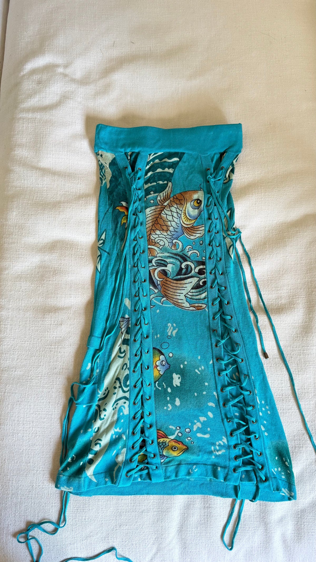 Ed Hardy by Christian Audigier Koi Fish Lace-Up Strapless Mini Dress - Size S