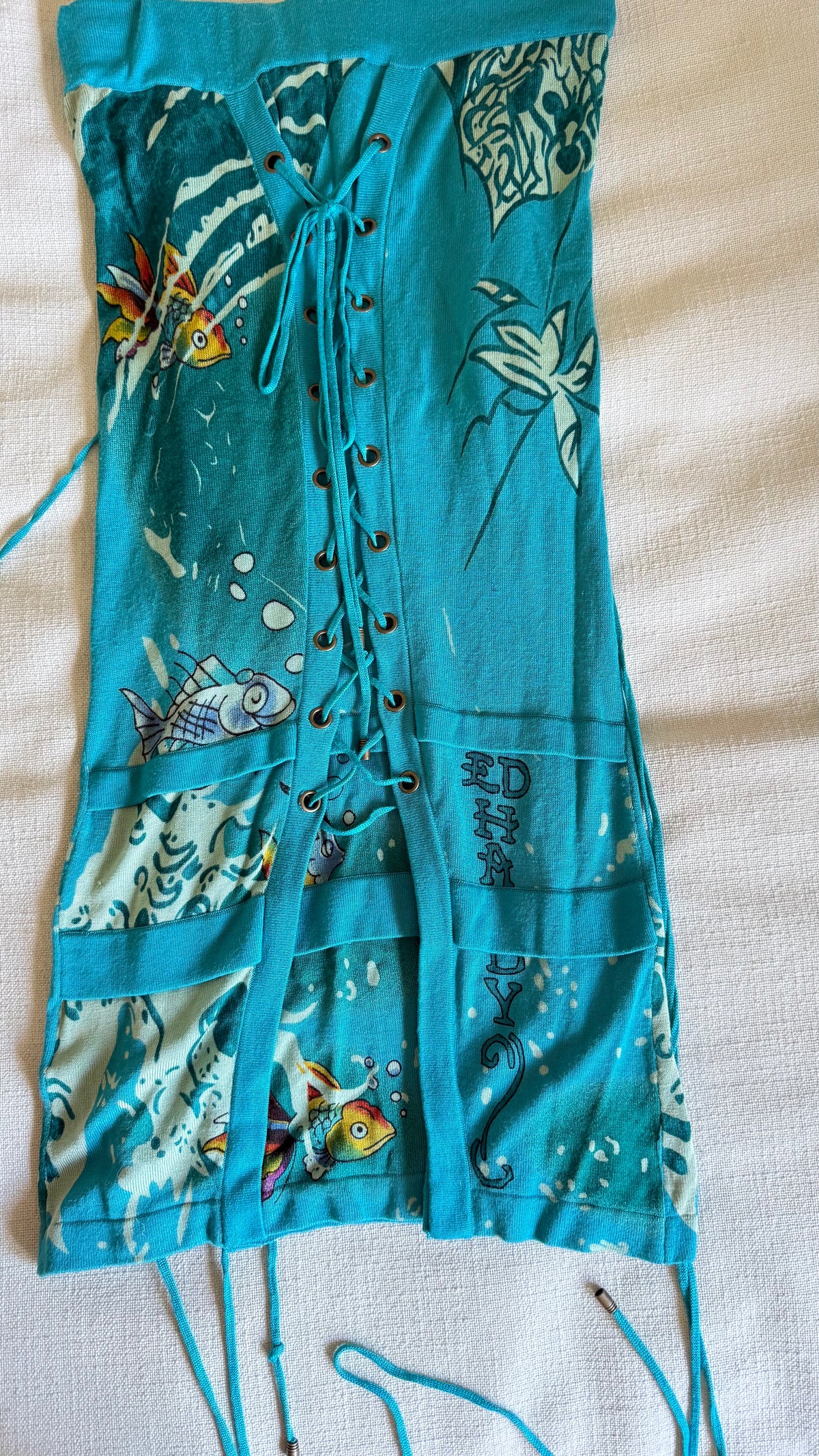 Ed Hardy by Christian Audigier Koi Fish Lace-Up Strapless Mini Dress - Size S