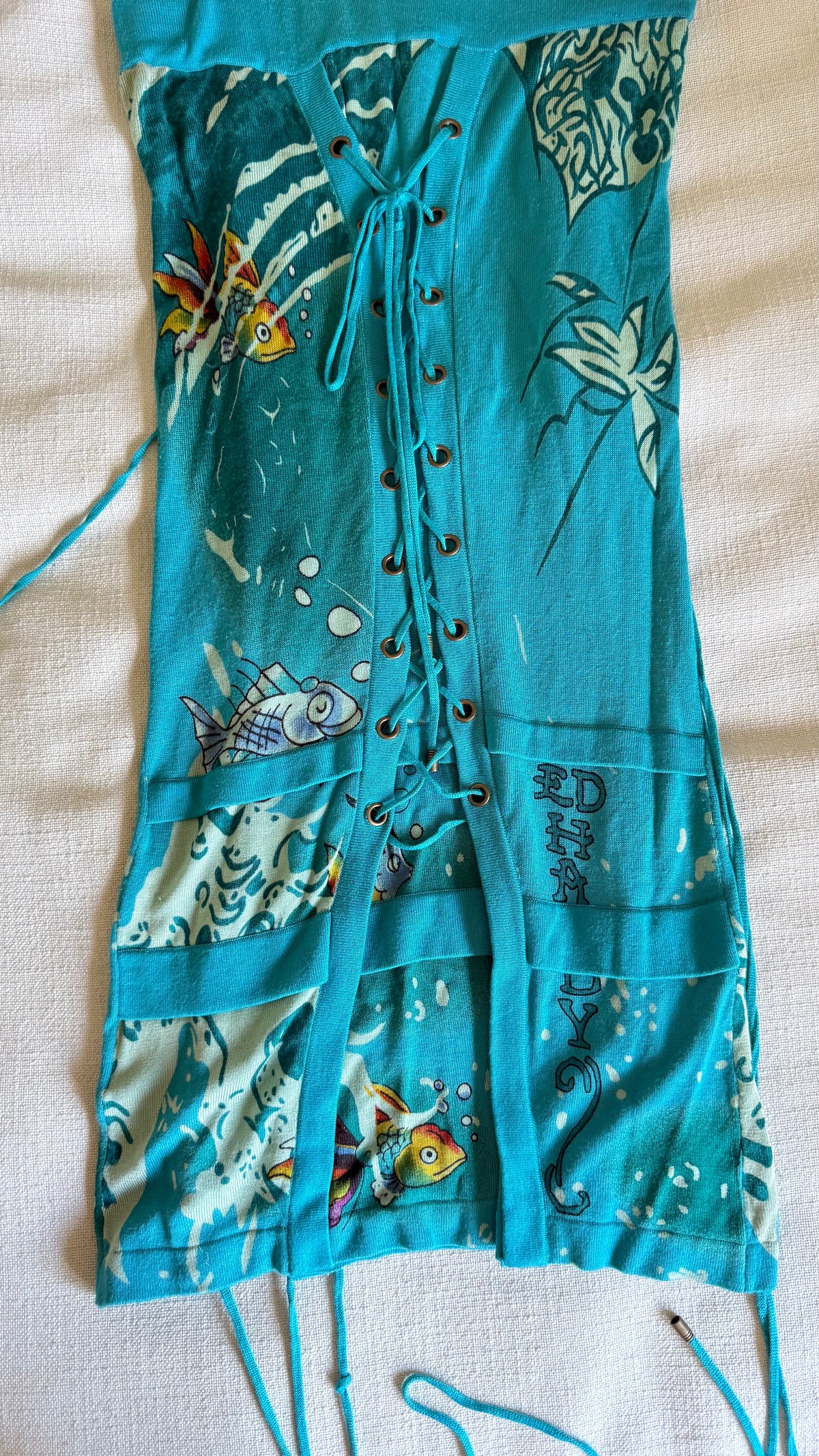 Ed Hardy by Christian Audigier Koi Fish Lace-Up Strapless Mini Dress - Size S