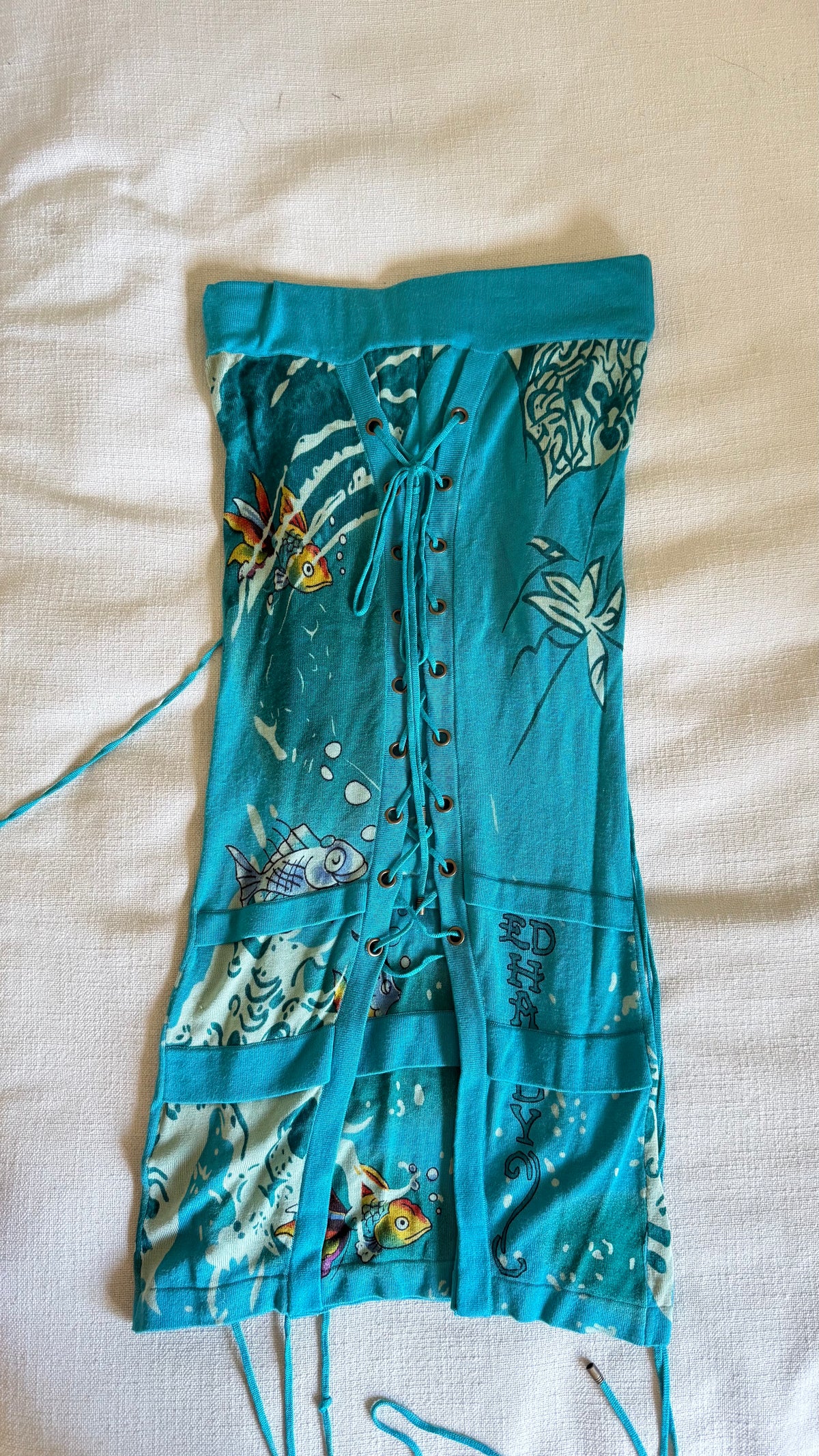 Ed Hardy by Christian Audigier Koi Fish Lace-Up Strapless Mini Dress - Size S