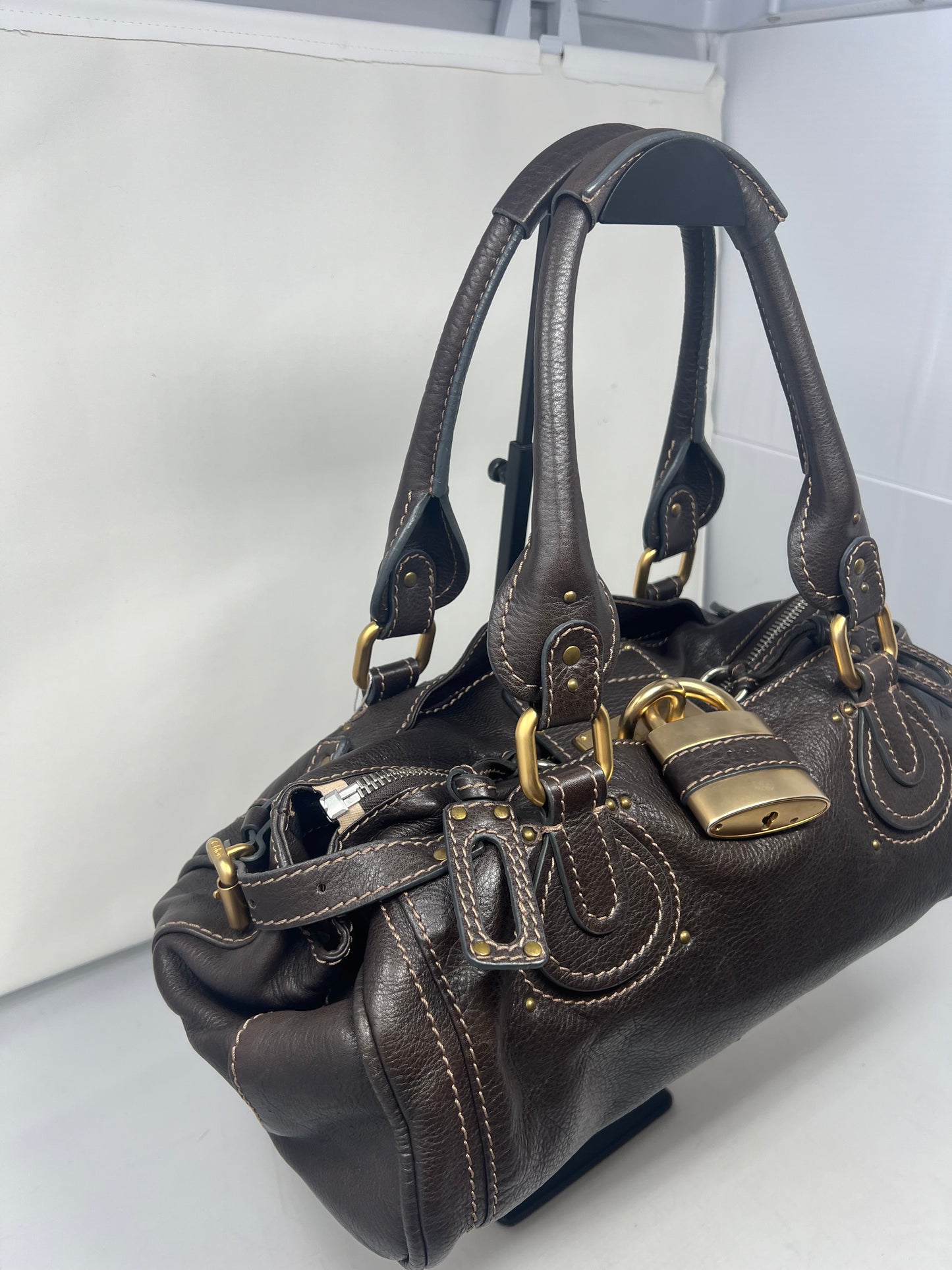 Chloe Paddington Leather Boston Bag Hand Bag Medium Dark Brown