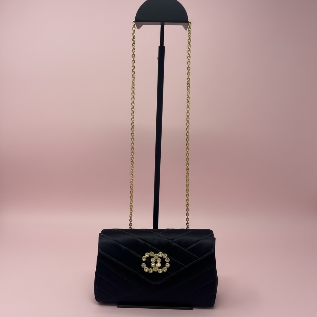 Chanel Black Satin Clutch Bag with Crystal Gold CC