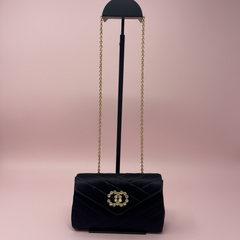 Chanel Black Satin Clutch Bag with Crystal Gold CC