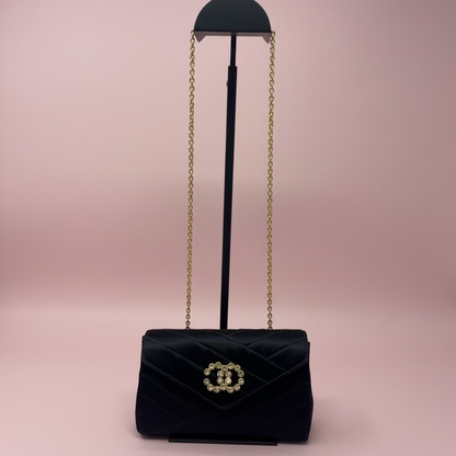 Chanel Black Satin Clutch Bag with Crystal Gold CC