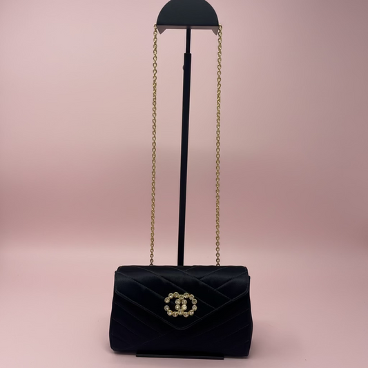 Chanel Black Satin Clutch Bag with Crystal Gold CC