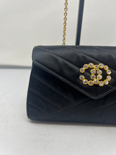 Chanel Black Satin Clutch Bag with Crystal Gold CC